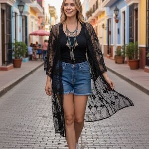 POL | Black Lace Duster Length Kimono - Bohemian - Festival - Romantic - NWT